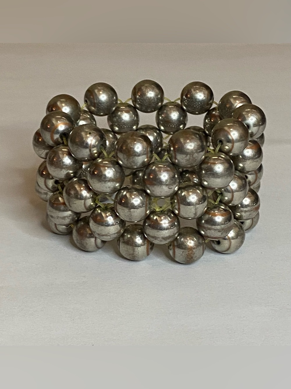 Silver Tone Chunky Beaded Cuff Bracelet Wide Stretch Large Round Ball Beads Bold